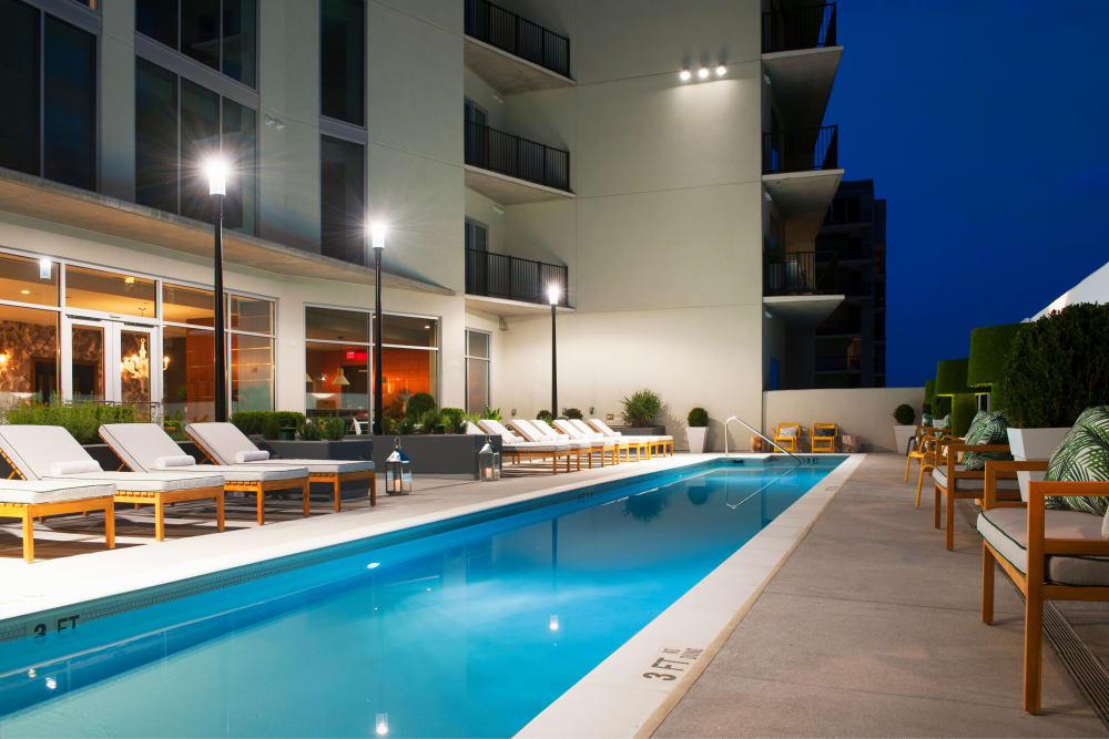 Swimming pool at night at YOO on the Park in Atlanta, Georgia