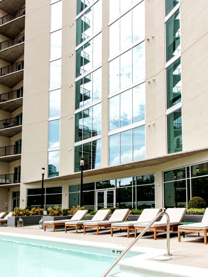 Poolside seating at YOO on the Park in Atlanta, Georgia